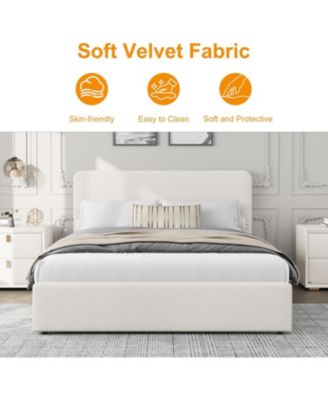 Queen Size Double Drawer Soft Bag Bed, Corduroy White Upholstered Bed with Storage, Soft and Comfortable Mattress, No Box Spring Needed