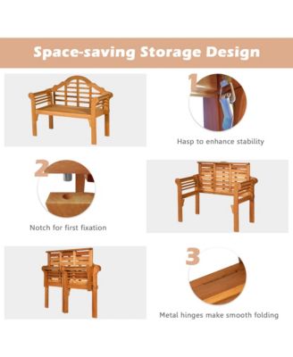 Foldable Patio Wooden Bench Garden Loveseat with Crown-Like Backrest