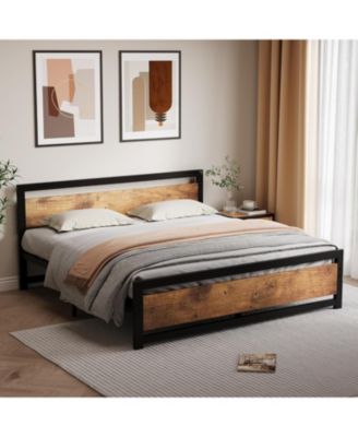 King Bed Frame, Metal Platform with Wooden Headboard and Footboard, Non-Slip Heavy Duty, Large Under Bed Storage, Noise-free, No Box Spring