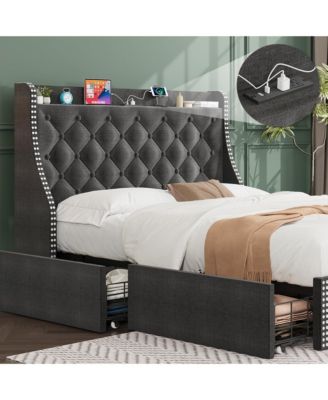 Full Bed Frame with Wingback Headboard & 4 Drawers, Velvet Upholstered, Charging Station, Button Tufted, No Box Spring