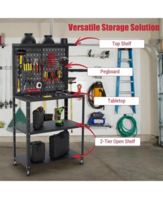 Heavy Duty Garage Workbench with Pegboard,32" Adjustable Garage Workbench with Tool Organizer,Industrial Metal Work Table with Shelves