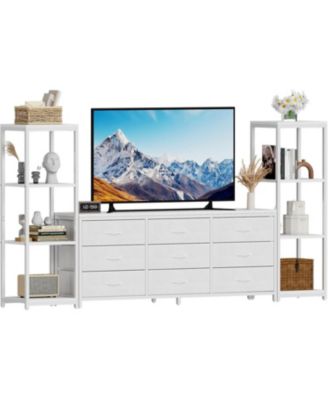 TV Stand Dresser for 75 Inch TV, Large Entertainment Center with Fabric Drawers & 4 Tier Storage Shelves