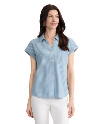 Women's Short Sleeve Stripe Button Front Shirt