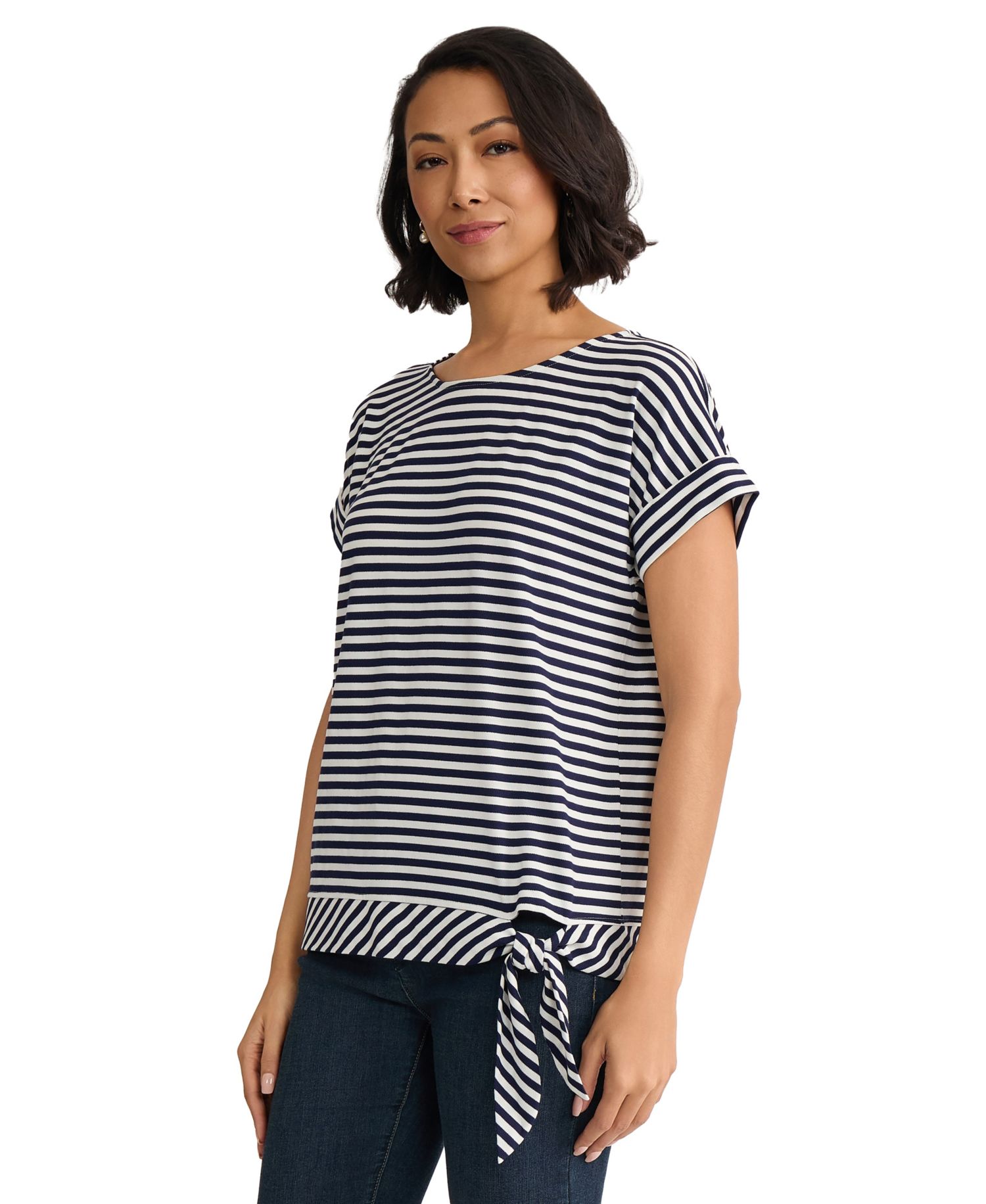 Petite Short-Sleeve Striped Side-Tie Boat Neck T-Shirt