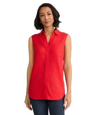 Women's Sleeveless Linen-Blend Button Down Top
