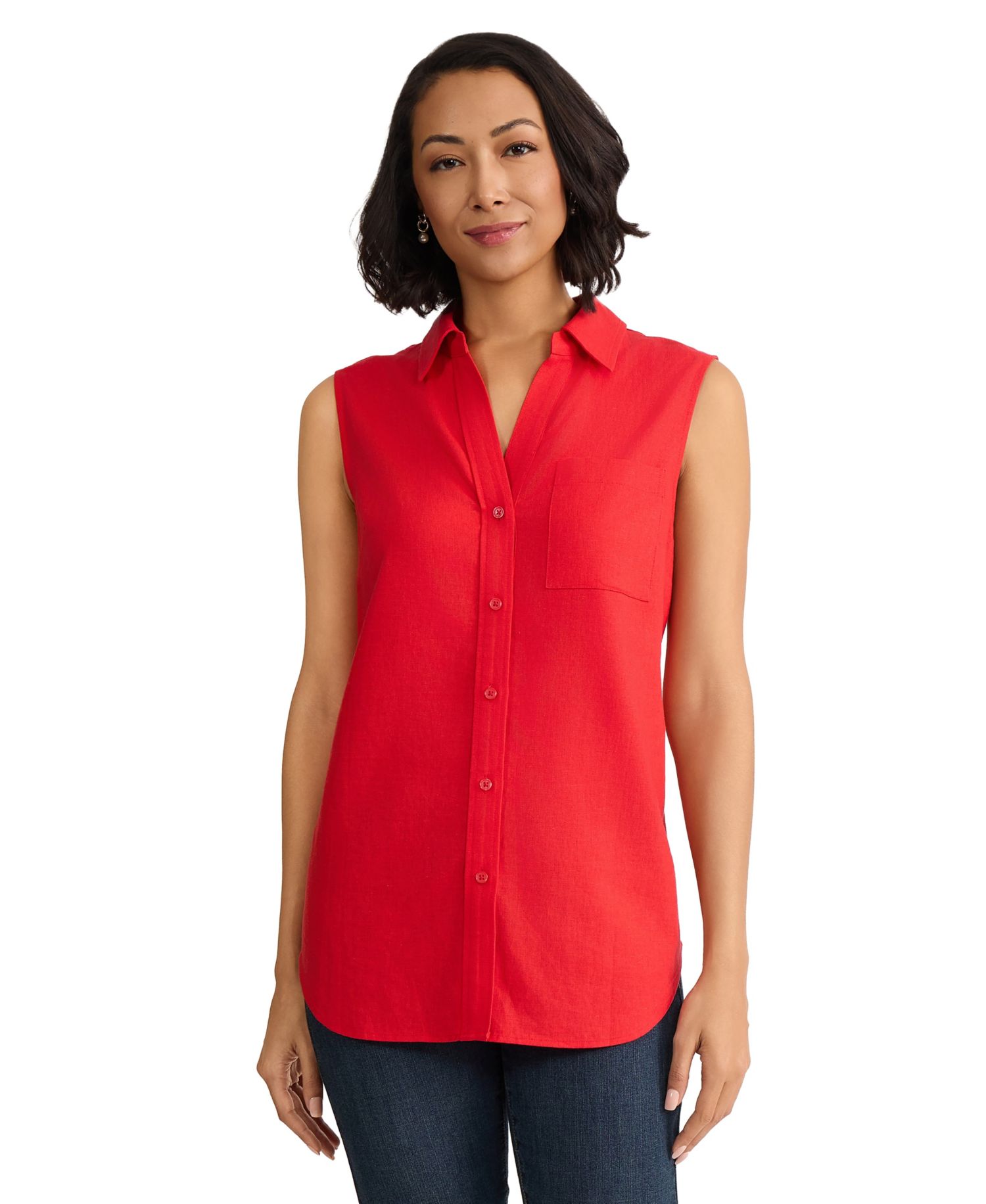 Women's Sleeveless Linen-Blend Button Down Top