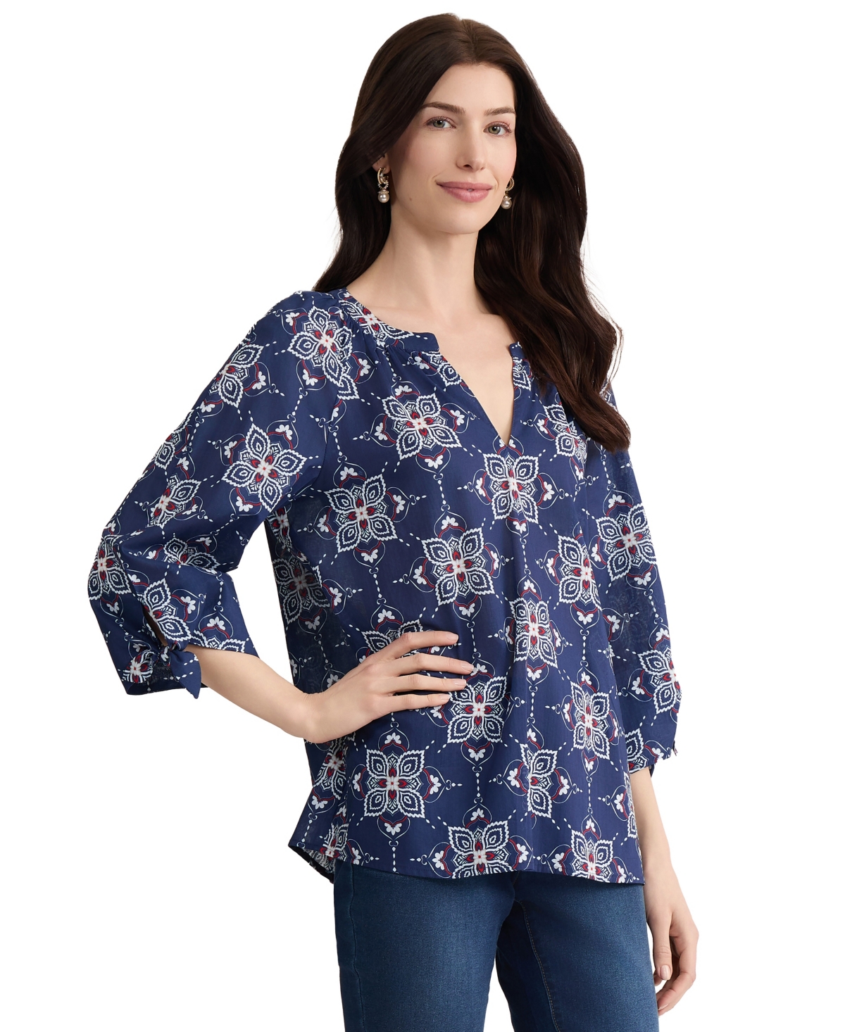 Jones New York Women's Raglan Sleeve V-Neck Printed Cotton Blouse