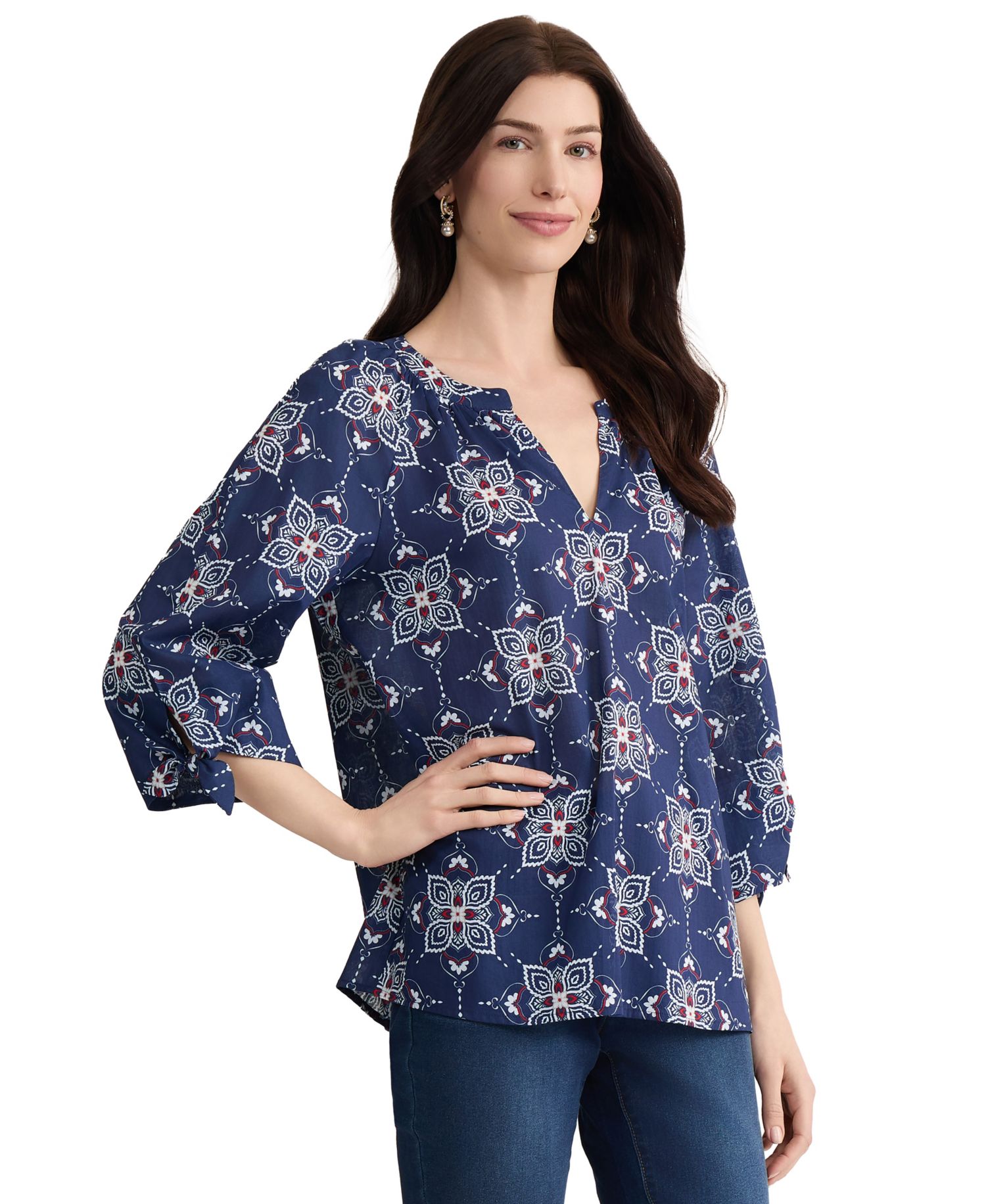Women's Raglan Sleeve V-Neck Printed Cotton Blouse