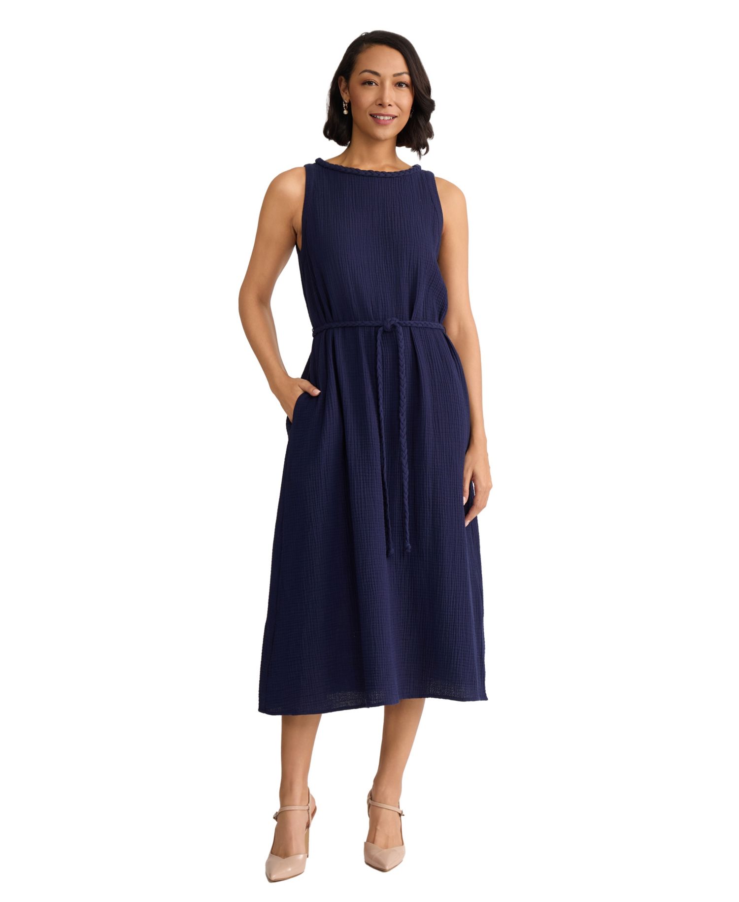 Women's Sleeveless Crinkle Belted Midi Dress