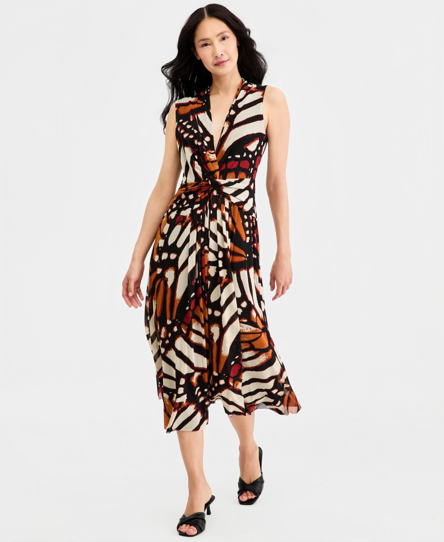 Women's Twist Front Sleeveless Midi Printed Mesh Dress