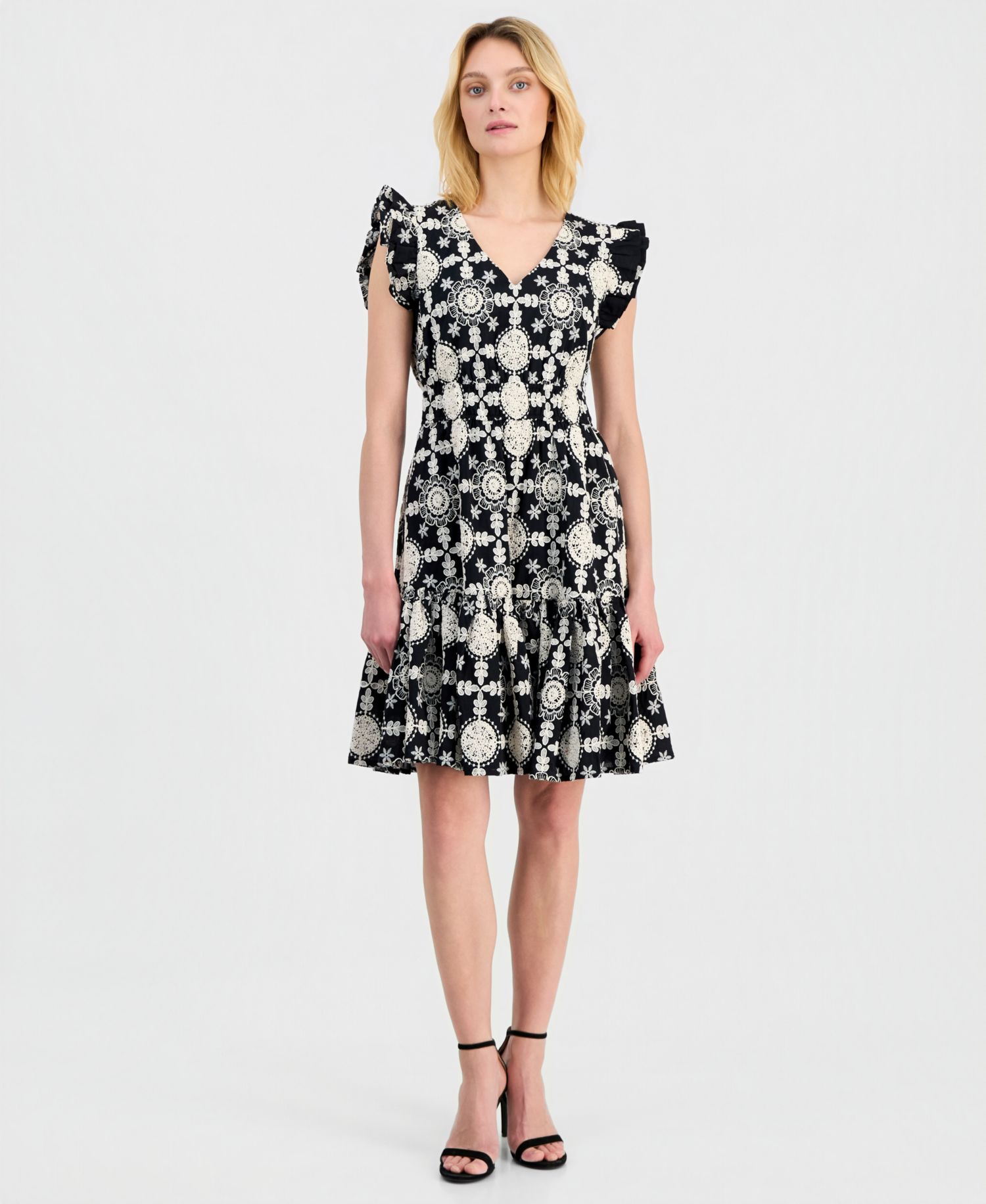 Women's V-Neck Ruffle-Sleeve Embroidered Cotton Dress