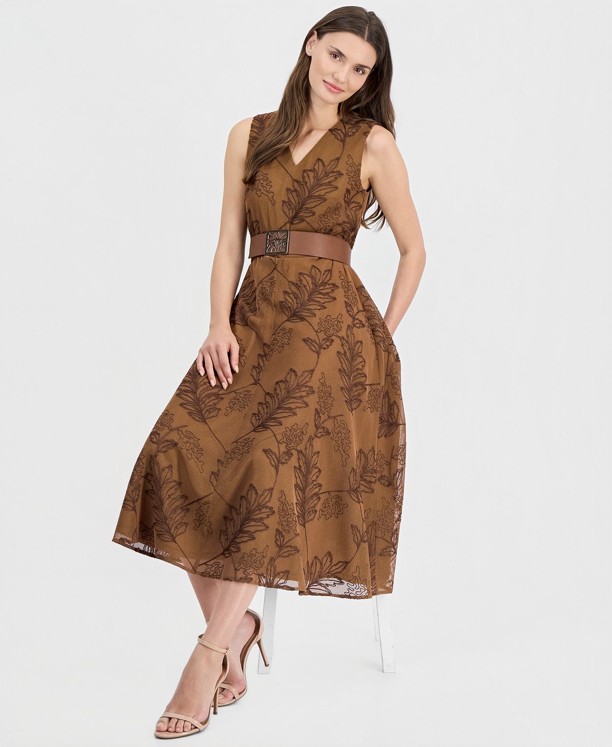 Anne Klein Women's V-Neck Embroidered Belted Midi Dress view 2 — MAYCSS fashion products