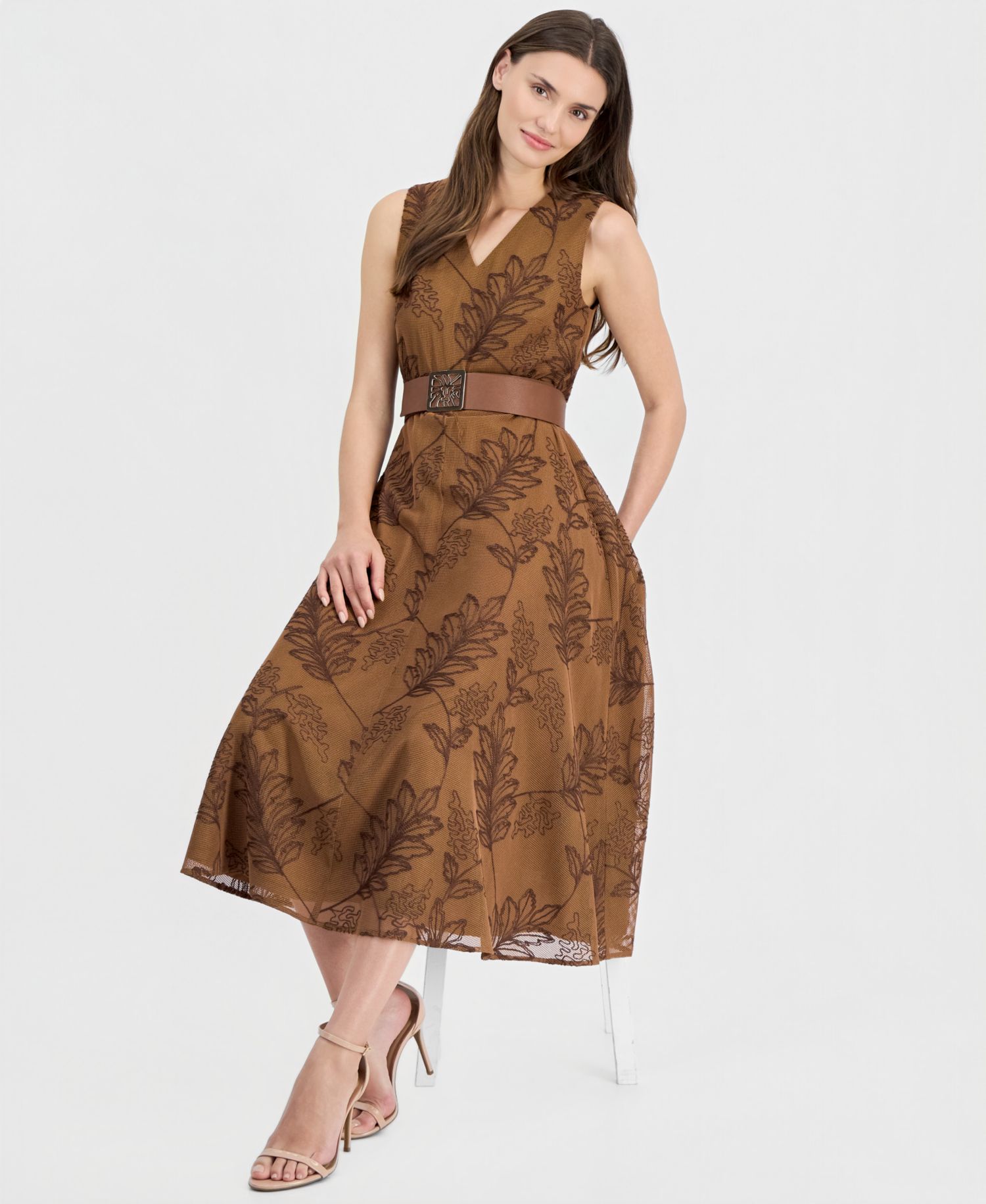 Women's V-Neck Embroidered Belted Midi Dress
