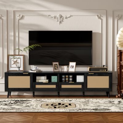78.8" Cabinet With Storage Rattan TV Stand & Open Shelf