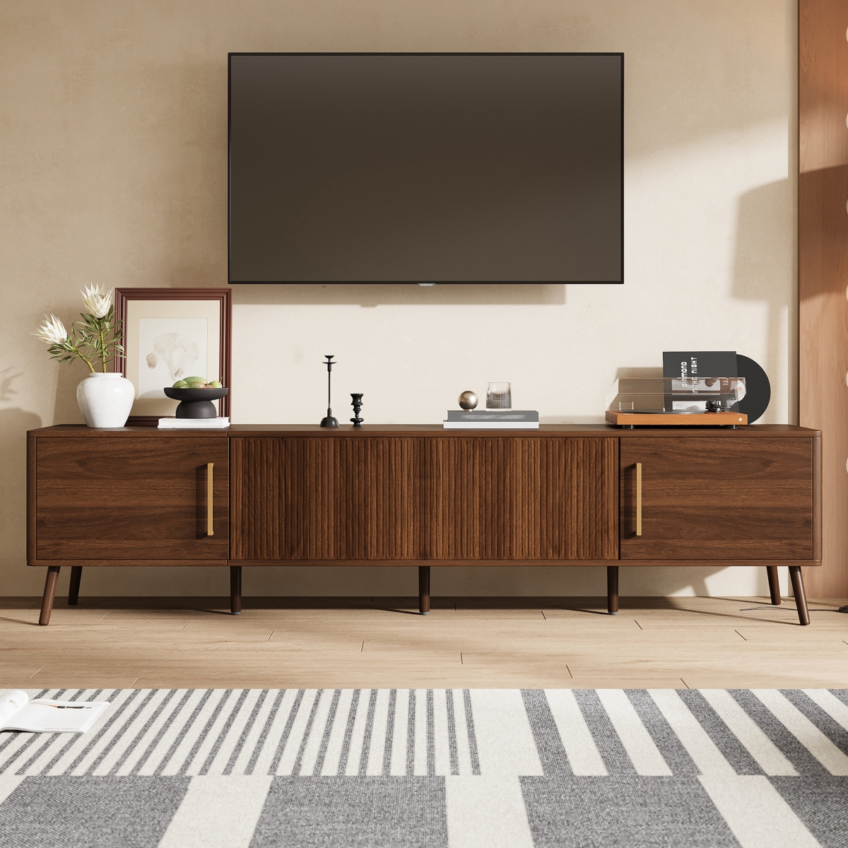 sumyeg 78 inch Modern Cabinet Tv Stand with Fluted Door & Cable Management, Soft-Closing Hinges, Solid Wood Legs