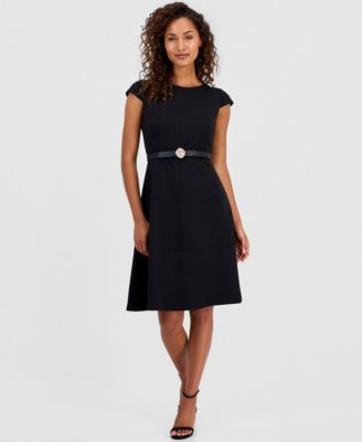 Petite Cap-Sleeve Seamed Scuba Crepe Sheath Dress