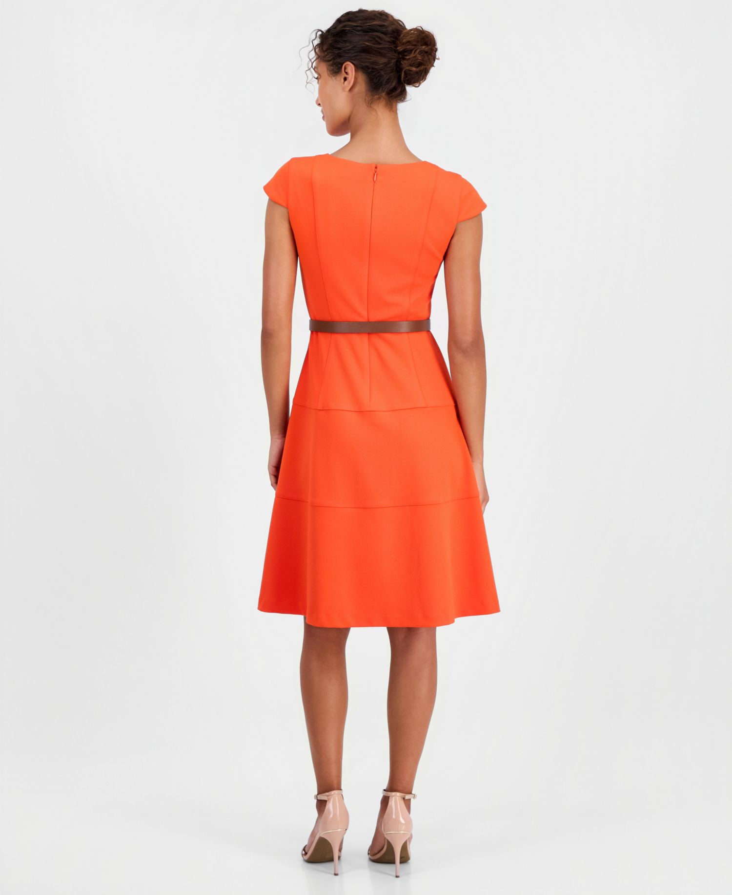 Women's Cap-Sleeve Belted Scuba Crepe Dress