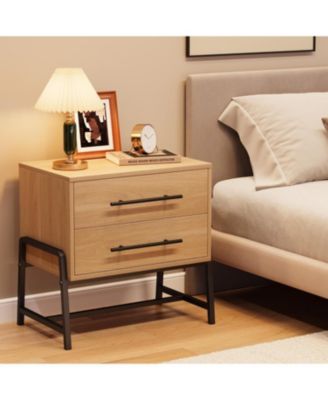 farmhouse nightstand with 2 drawers, rustic light wood table with metal legs for bedroom or living room