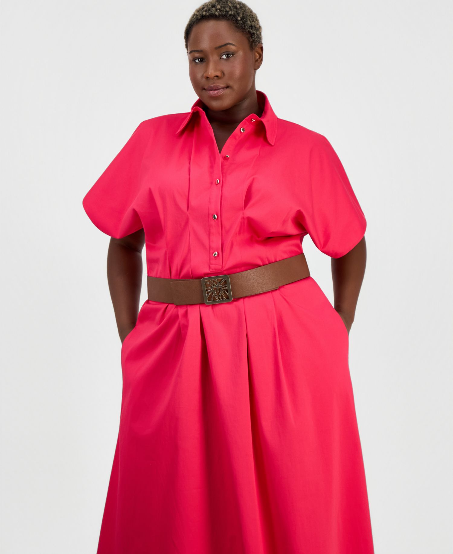 Plus Size Belted Pleated Midi Shirtdress