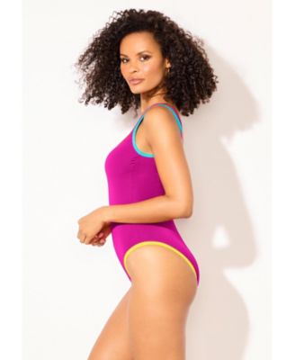 Women's Shimmer Trim Square Neck One Piece Swimsuit