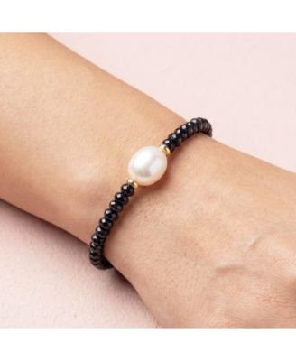 Black Spinel Bead Pearl Bracelet 14k Gold