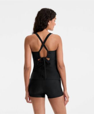 Women's Essential Tie Back Ruched Tankini and Shorts Two Piece Set