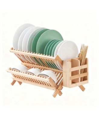 Bamboo Dish Drying Shelf Collapsible Utensil Holder Kitchen Counter