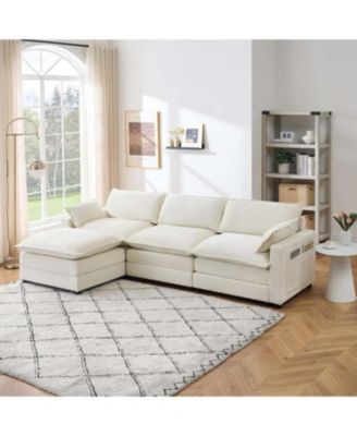 Chenille 113-Inch Modular Combo Sofa, Modern 3-Seater L-Shaped Sofa with Ottoman, 2 Cushions, Side Pockets