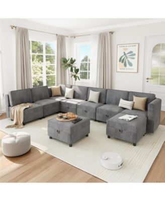 139.4" Chenille Reversible Sectional Sofa, 9-Seater Modular Sectional Sofa, Comfy Sectional Sleeper Sofa Couch with Chaise