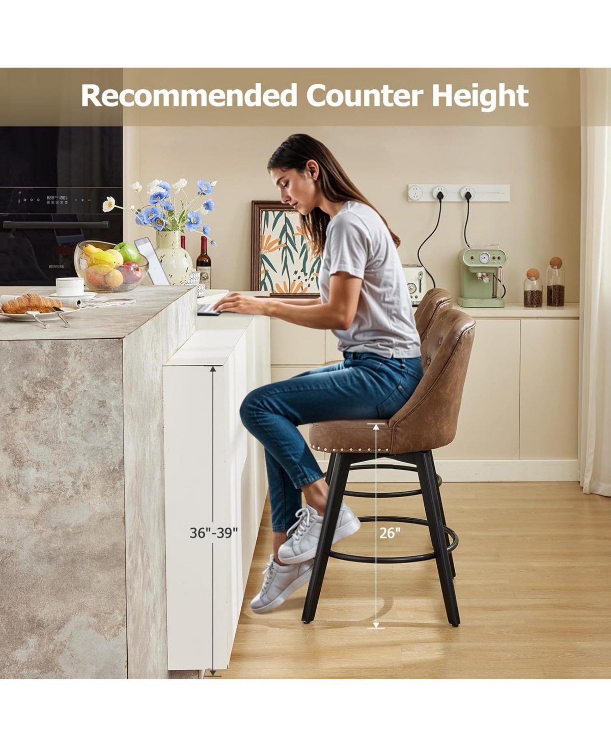 gaomon Counter Height Swivel Bar Stools Set of 2, Leather Upholstered with Wood Legs