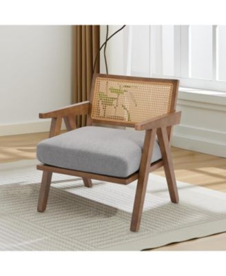 Mid-Century Farmhouse Accent Chair - Wood Armchair with Rattan Backrest and Linen Cushion for Living Room, Bedroom - Easy Assembly