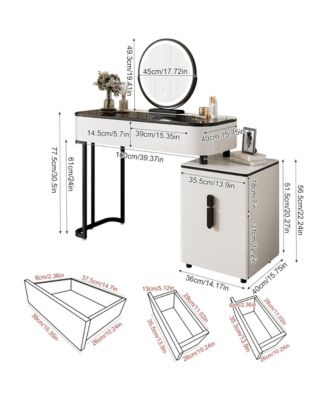 Modern Vanity Table with Mirror and Lights - Makeup Vanity with Glass Top, 4 Drawers and Reversible Adjustable Side Cabinet for Bedroom
