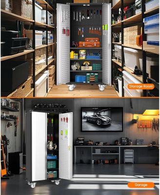 72-Inch Steel Metal Storage Cabinet with Wheels, Lockable Rolling Garage Organizer with Pegboard and 4 Adjustable Shelves