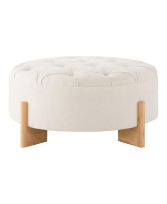 32" Round Tufted Ottoman, Chenille Footrest with Solid Wood Legs