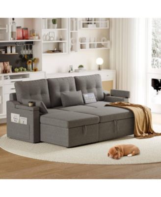 85" Reversible L-Shaped Sleeper Sofa Bed with Pull-Out Bed, Storage Chaise, USB-C Ports, Removable Covers and Cup Holder