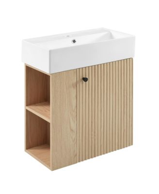 Modern 21.6 inch Floating Bathroom Vanity with Ceramic Basin and Left Side Storage in Wood Finish