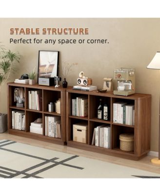 6 Cube Storage Bookcase - Floor Standing 2-Tier Bookshelf, Low Horizontal Wood Book Shelf with Curved Edge for Living Room, Bedroom