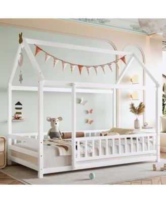Wooden Floor Bed With House Roof Frame And Fence Guardrails White For Kids