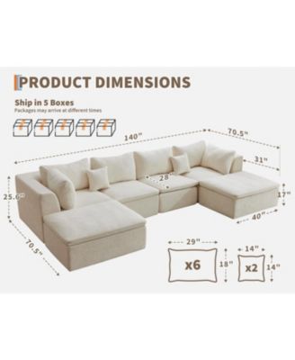 140" Cloud Sectional Sofa, U-Shaped Boneless Couch with Ottoman, 4-Seat Modular Sofa