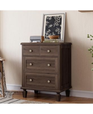 Vintage 4-Drawer Dresser with Carved Handles, Wooden Chest with Tapered Legs, Storage Organizer for Bedroom, Living Room, Entryway