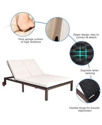 Adjustable Patio Rattan 2 Person Recliner Lounge Chair w/ Cushion Wheel