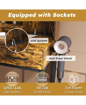 Makeup Vanity Desk with Mirror and LED Lights, Dressing Table Set with Chair, Open Shelves, 2 Storage Drawer and Power Outlet for Bedroom