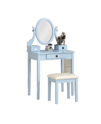 Wood Makeup Vanity Desk and Stool Set - Dressing Table with Mirror and 3 Storage Drawers for Bedroom