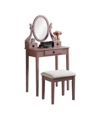 Wood Makeup Vanity Desk and Stool Set - Dressing Table with Mirror and 3 Storage Drawers for Bedroom