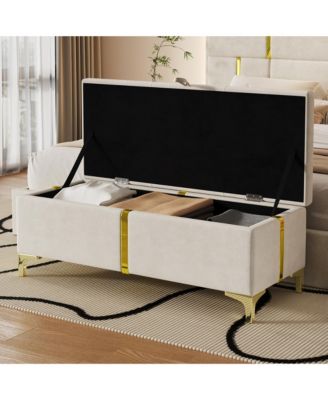 Upholstered Storage Ottoman, Modern Storage Bench with Metal Legs and Golden Striping for Living Room, Bedroom