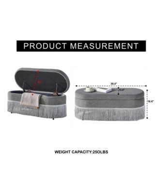 Oval Storage Ottoman, Upholstered Footrest with Fringe Trim, Hidden Storage and Metal Frame for Living Room, Bedroom