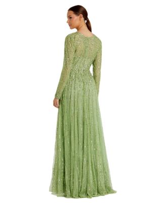 Women's Sequin Illusion High-Neck Long Sleeve A-Line Gown
