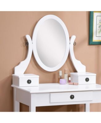 Wood Makeup Vanity Desk and Stool Set - Dressing Table with Mirror and 3 Storage Drawers for Bedroom