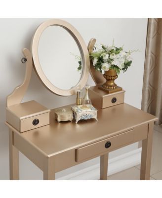 Wood Makeup Vanity Desk and Stool Set - Dressing Table with Mirror and 3 Storage Drawers for Bedroom