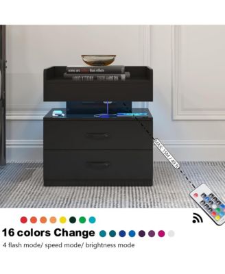 Nightstand with Adjustable LED Strip Light, Wood Bedside Table with 2 Drawers and Open Compartment, End Table for Bedroom